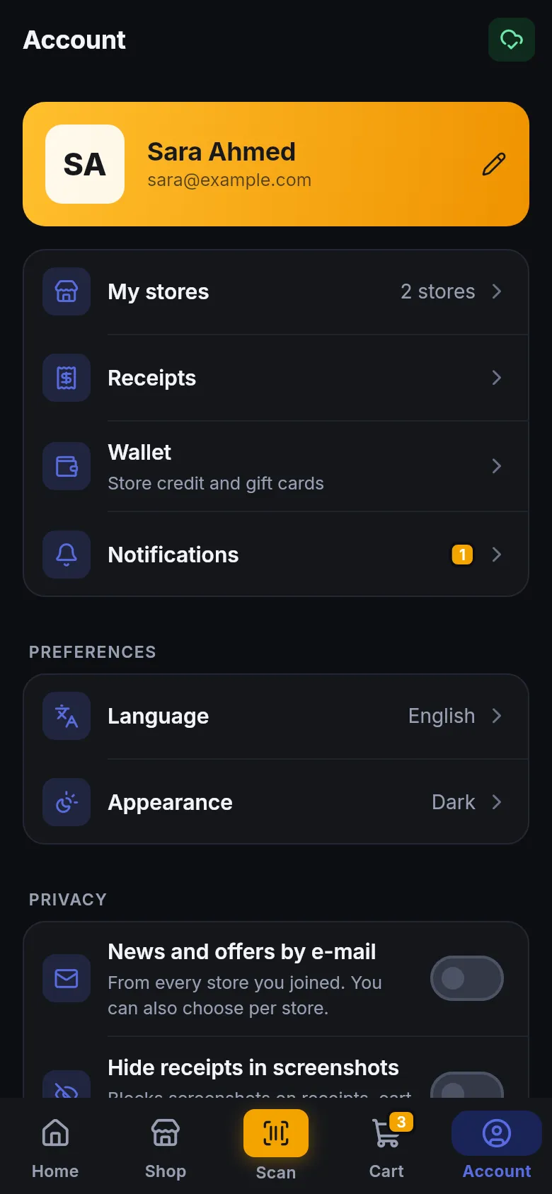 Account tab in dark mode showing Preferences with Language English and Appearance Dark, and Privacy with News and offers by e-mail and Hide receipts in screenshots