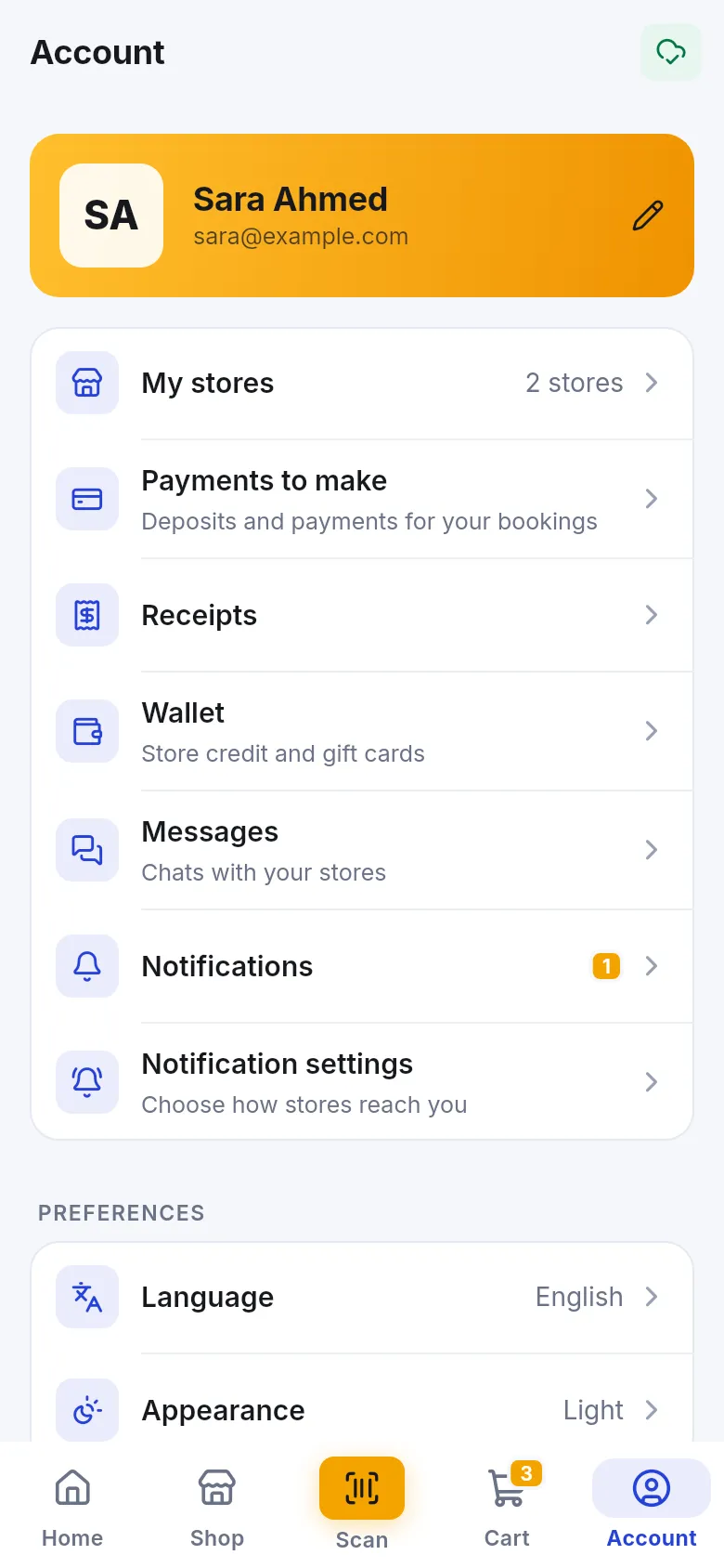Account tab of SmartPOS Shopper with My stores, Receipts, Wallet and Preferences; Delete my account is further down