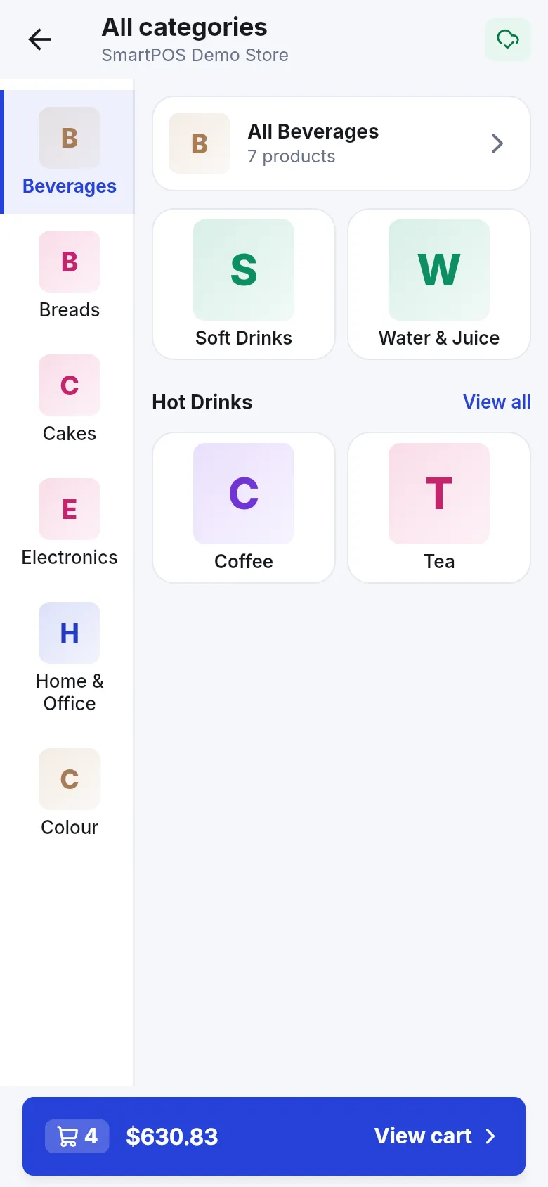All categories screen with main categories on the left and sub-categories on the right