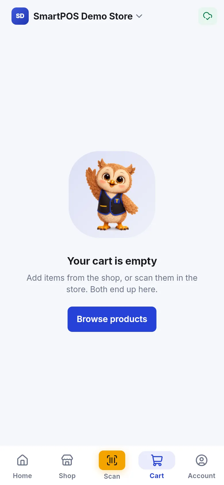 Empty cart screen with the owl mascot, the text Your cart is empty and a Browse products button
