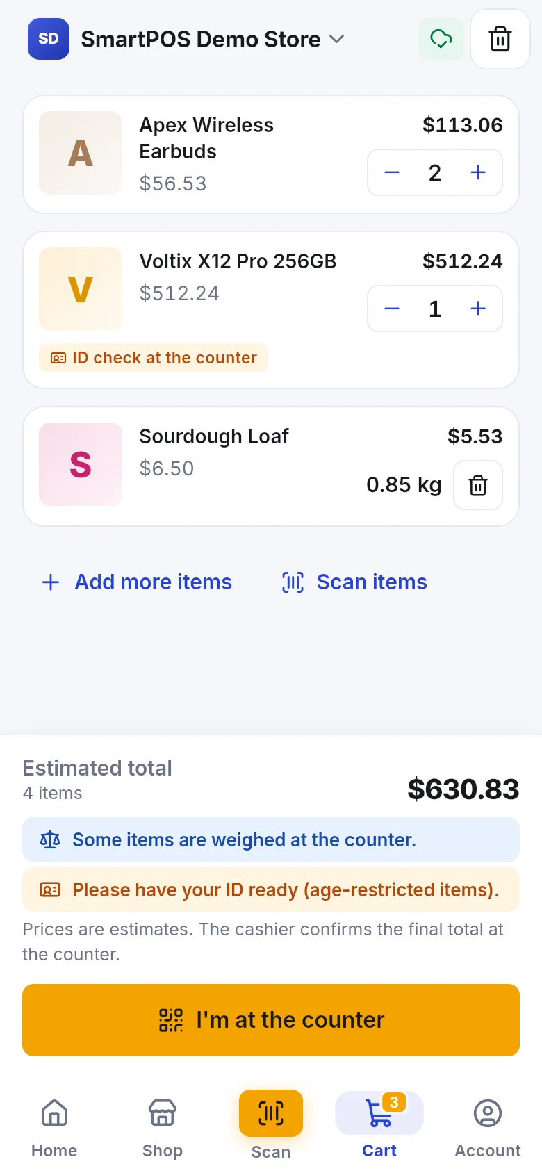 Scan & Go cart with Estimated total, notes about weighed and age-restricted items, and an I'm at the counter button