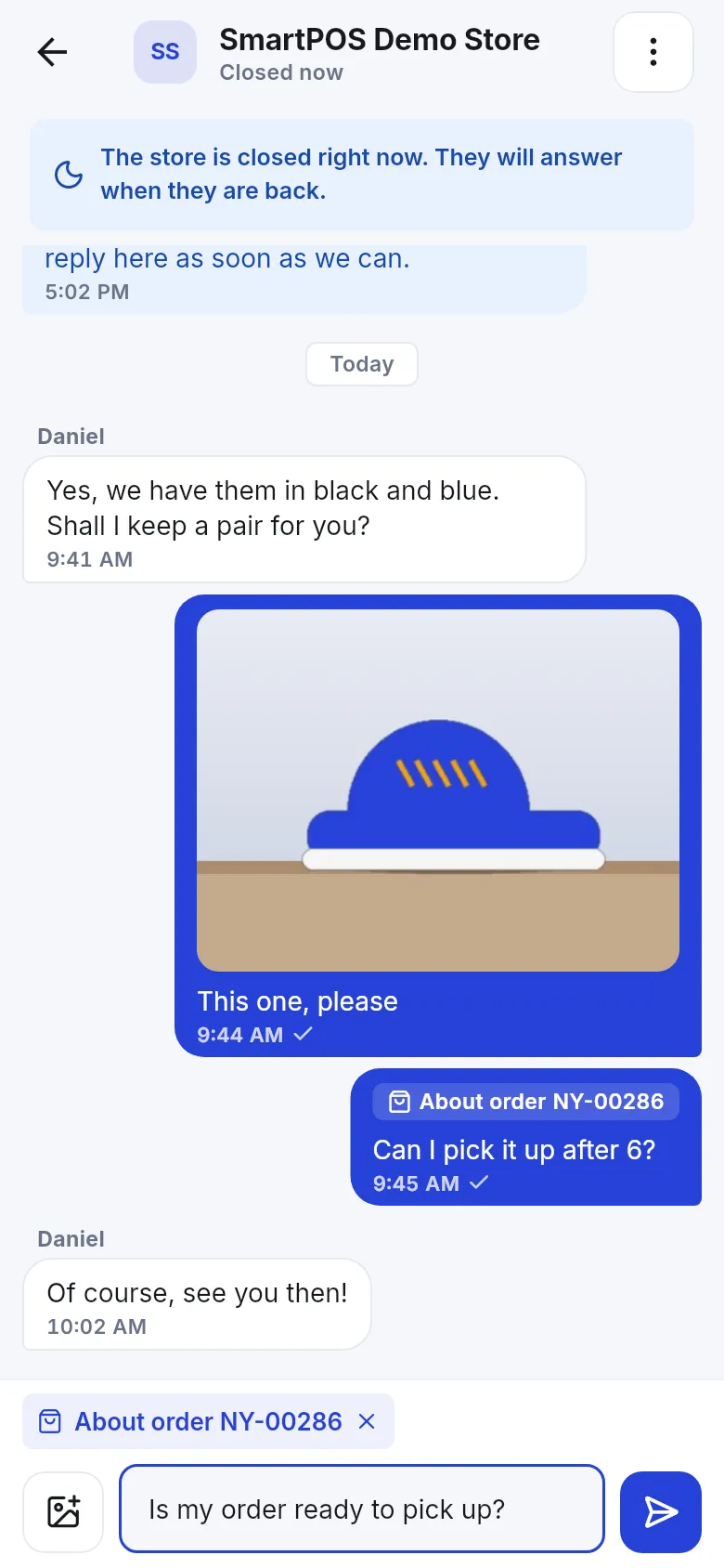 Chat with an About order chip above the message box and a note that the store is closed right now