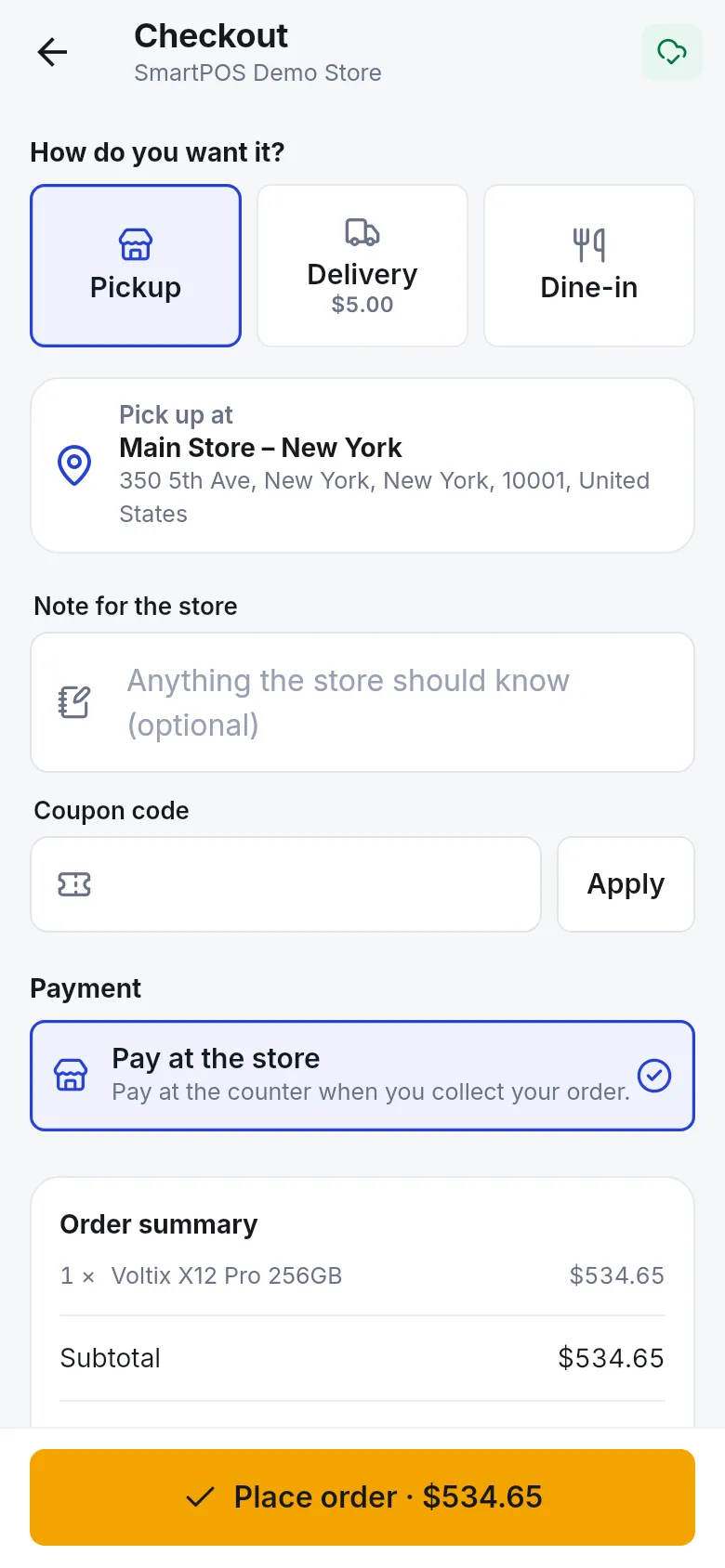 Checkout with Pickup chosen and Pay at the store selected under Payment, with the order summary and Place order button