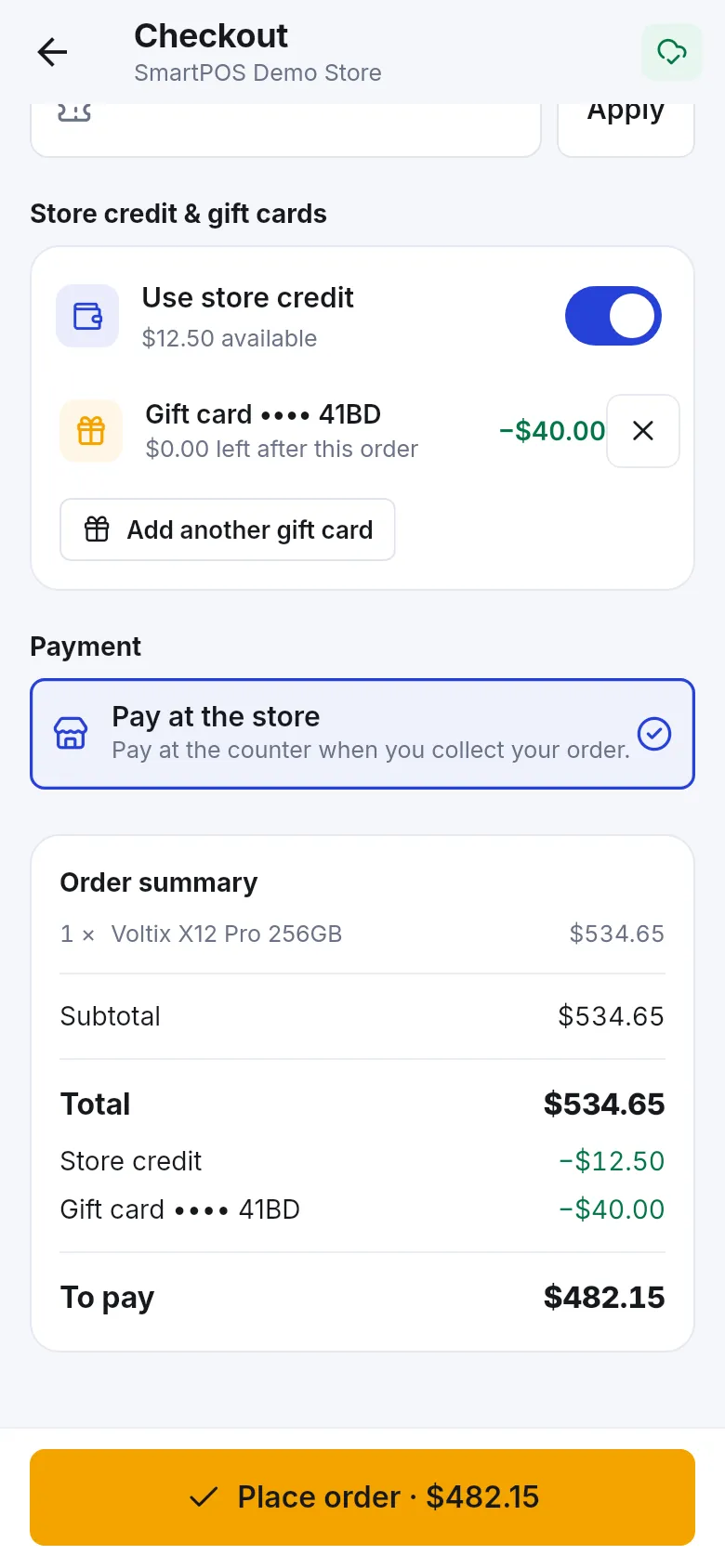 Checkout with Use store credit switched on for $12.50, a gift card applied for $40.00, Pay at the store selected and To pay of $482.15