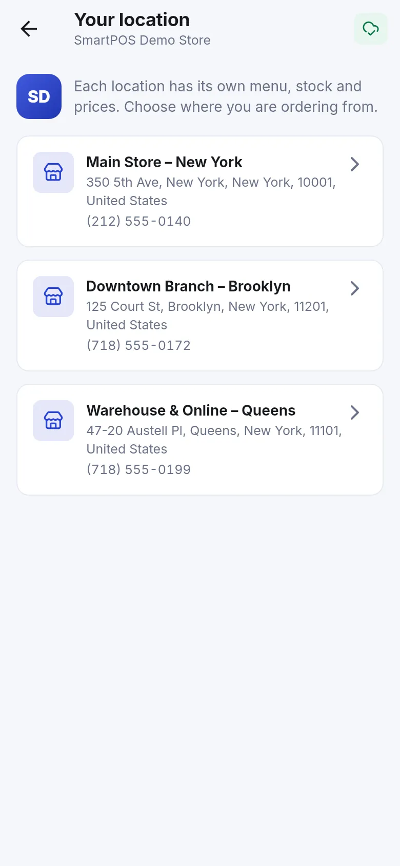 Your location screen listing three branches with addresses and phone numbers