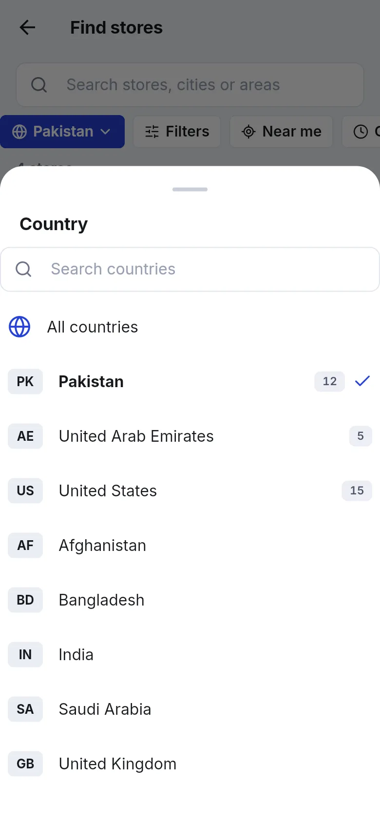 Country picker with a search box, All countries and a list of countries with store counts