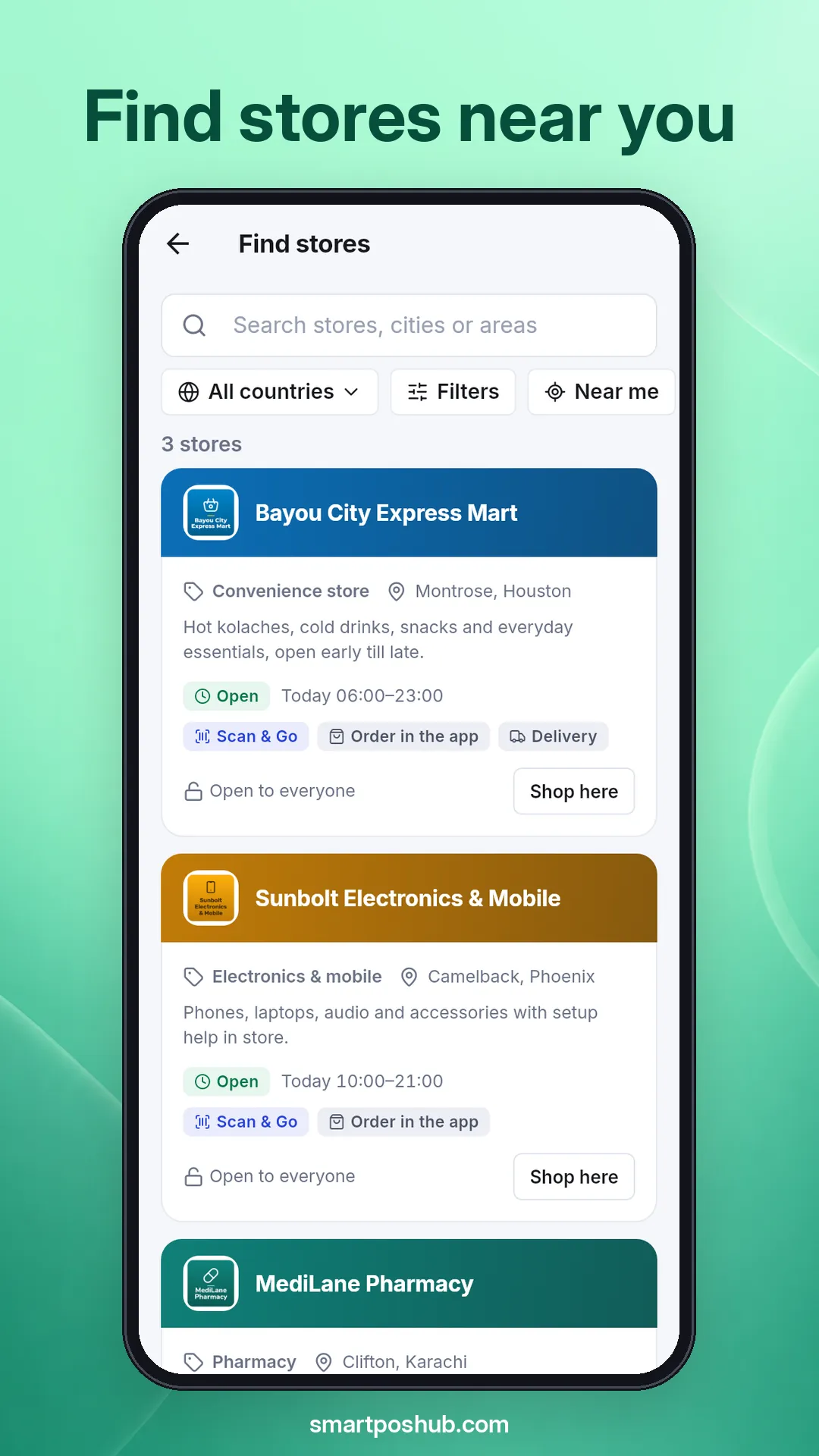 Find stores list with a search box, All countries, Filters and Near me chips, and store cards showing category, area, opening hours and features