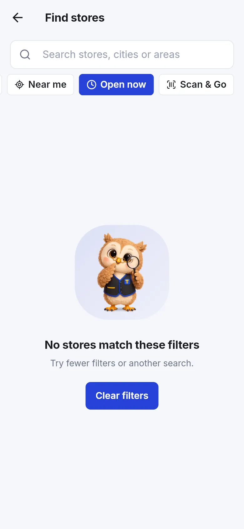 Find stores showing No stores match these filters with a Clear filters button