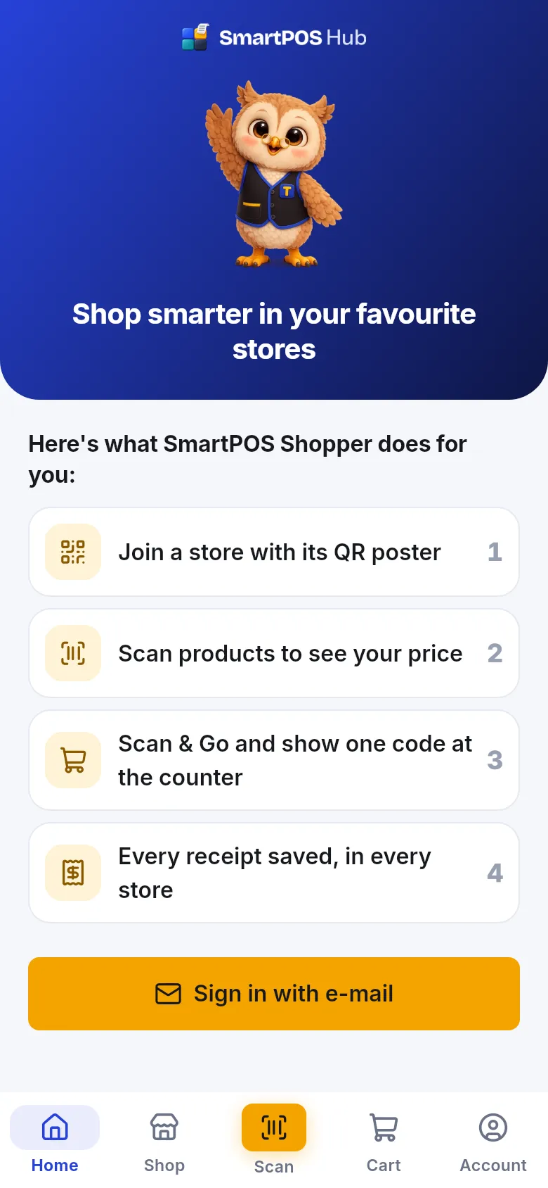 Guest home screen listing what SmartPOS Shopper does in four steps with a Sign in with e-mail button