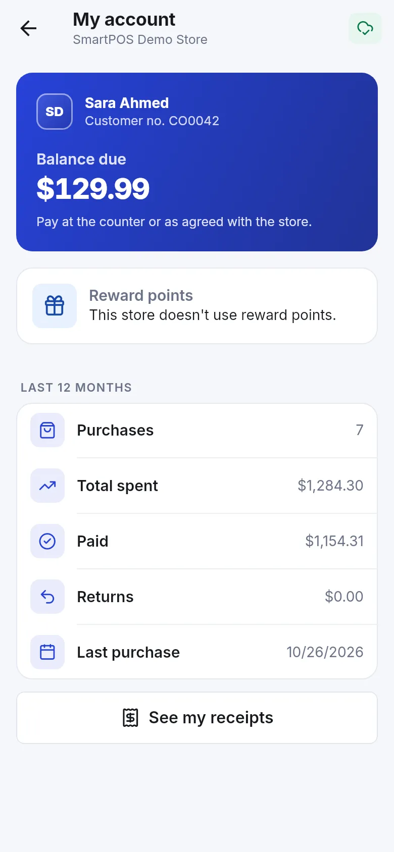 My account screen with customer number, Balance due, reward points and the last 12 months summary