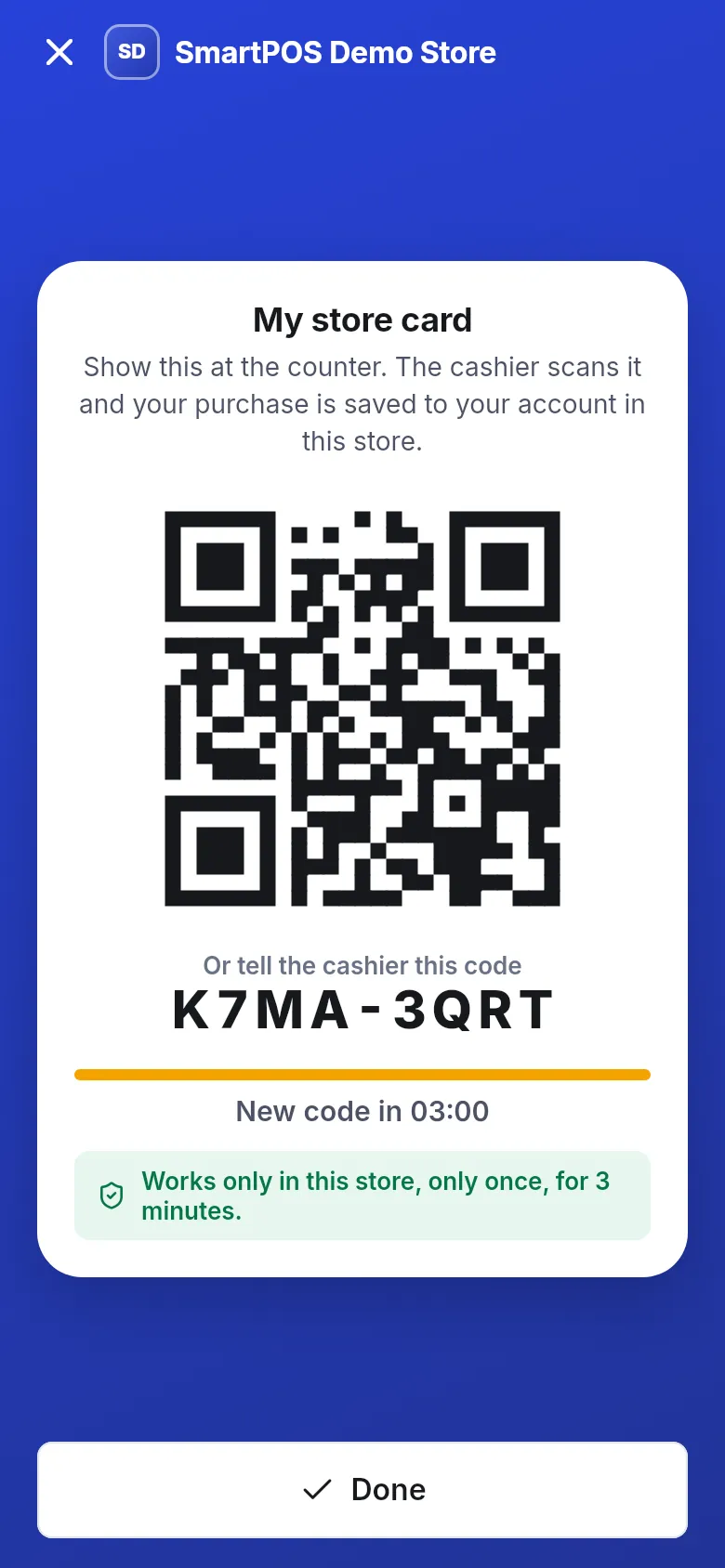 My store card screen with a QR code, the typed code K7MA-3QRT and a countdown 'New code in 03:00'