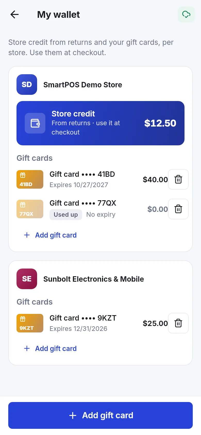 My wallet screen with store credit of $12.50 and two gift cards for one store, and one gift card for a second store