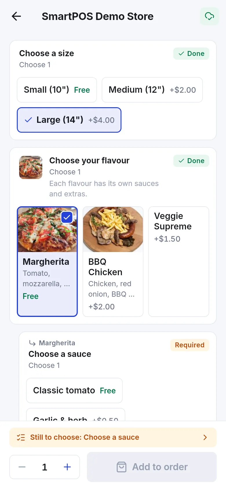 Pizza options shown as photo tiles with Margherita selected and a Done badge on the group