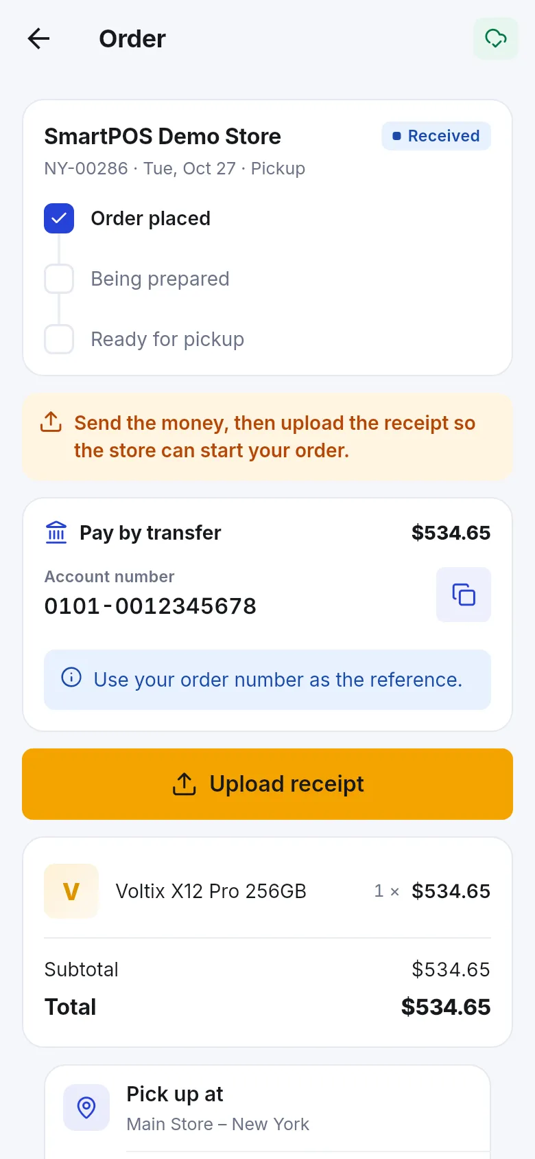 Order page with a reminder to send the money and upload the receipt, the Pay by transfer card with the account number and an Upload receipt button