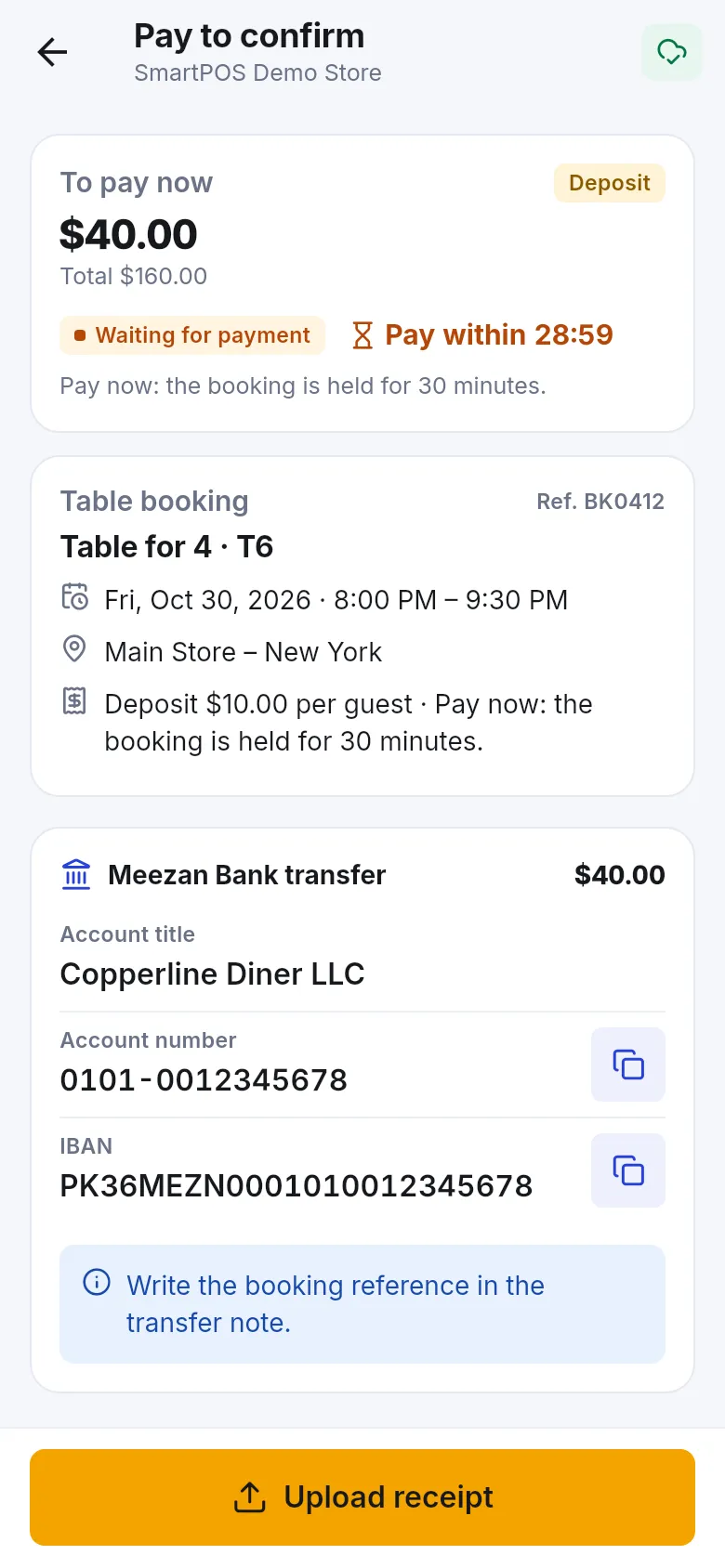 Bank transfer card with account title, account number and IBAN with copy buttons and an Upload receipt button