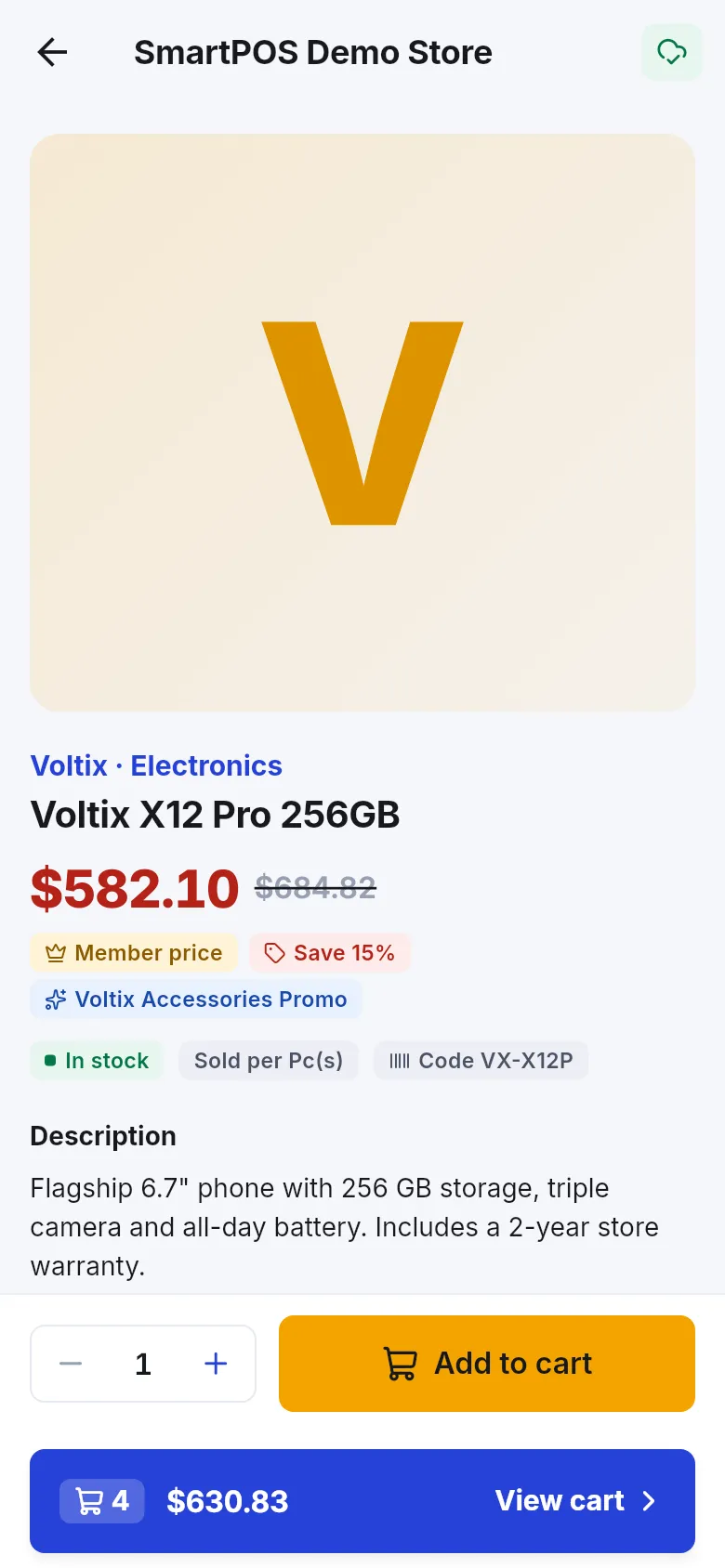 Product page for a phone with the member price, crossed-out shelf price, Save 15% badge, offer name, In stock badge and Add to cart button