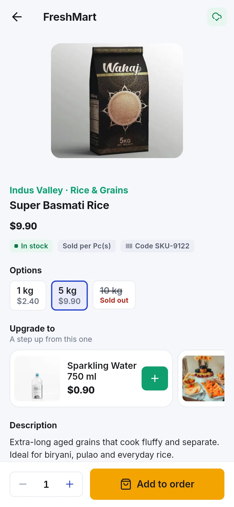 Product page for rice with weight options, an Upgrade to suggestion and the description