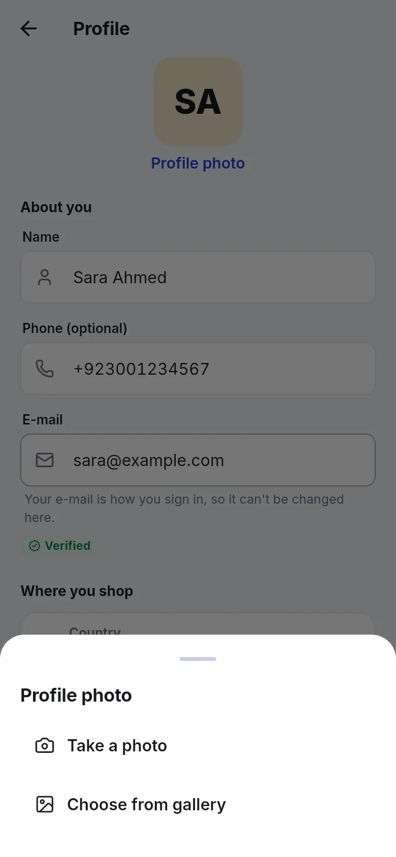 Profile photo sheet with Take a photo and Choose from gallery options