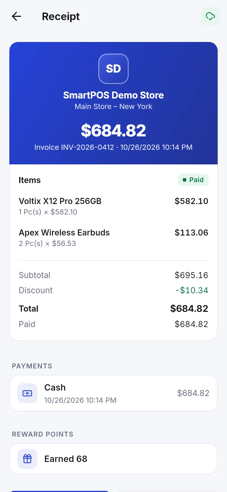 Receipt detail with the store name, total, invoice number, items, subtotal, discount and payments