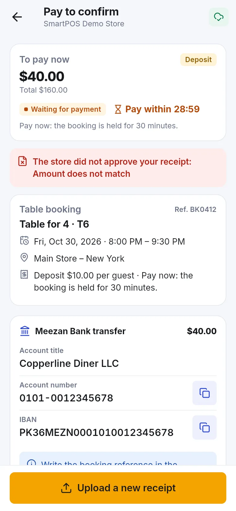 Pay to confirm screen with a red note that the store did not approve the receipt because the amount does not match
