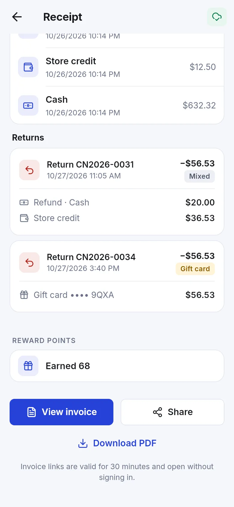 Receipt with a Returns section listing two returns settled by refund, store credit and gift card, reward points and View invoice, Share and Download PDF buttons