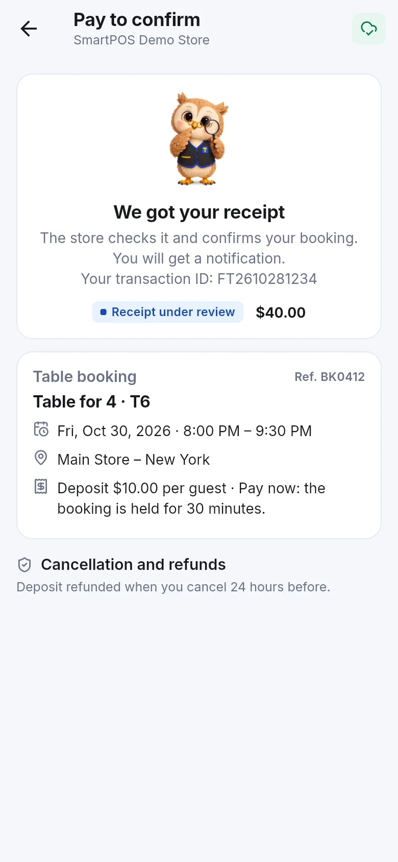 We got your receipt screen with Receipt under review badge and the transaction ID