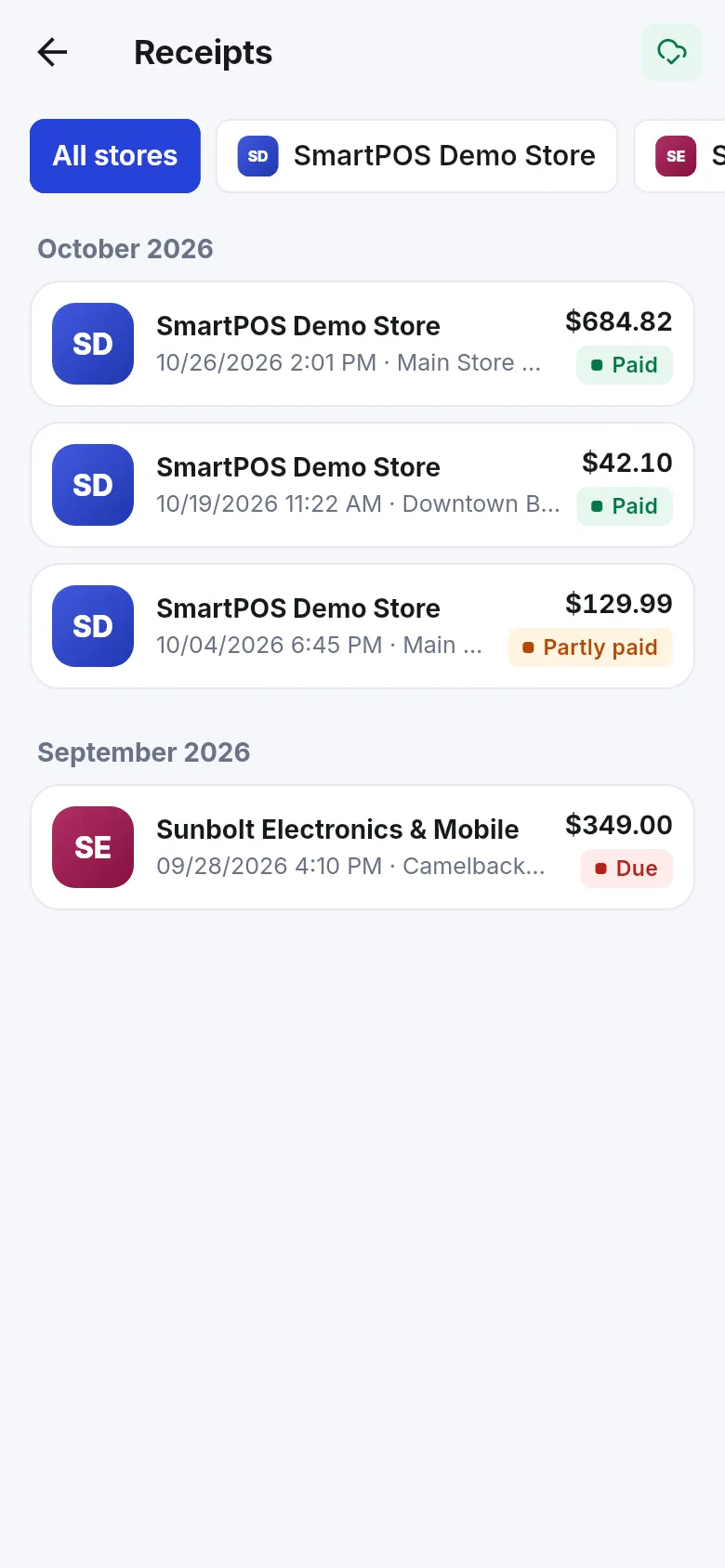 Receipts list grouped by month with All stores and store filter chips and Paid, Partly paid and Due badges
