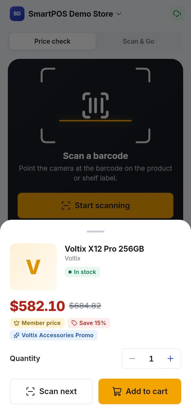 Scan result sheet for a phone with photo, In stock badge, member price with crossed-out shelf price, Save 15% and an offer name