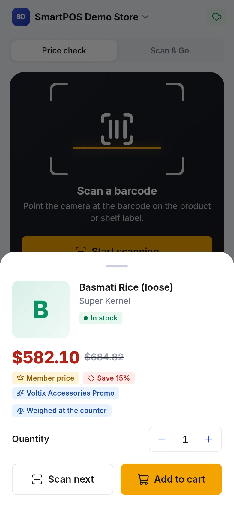 Scan result for loose basmati rice with a Weighed at the counter badge and Add to cart button