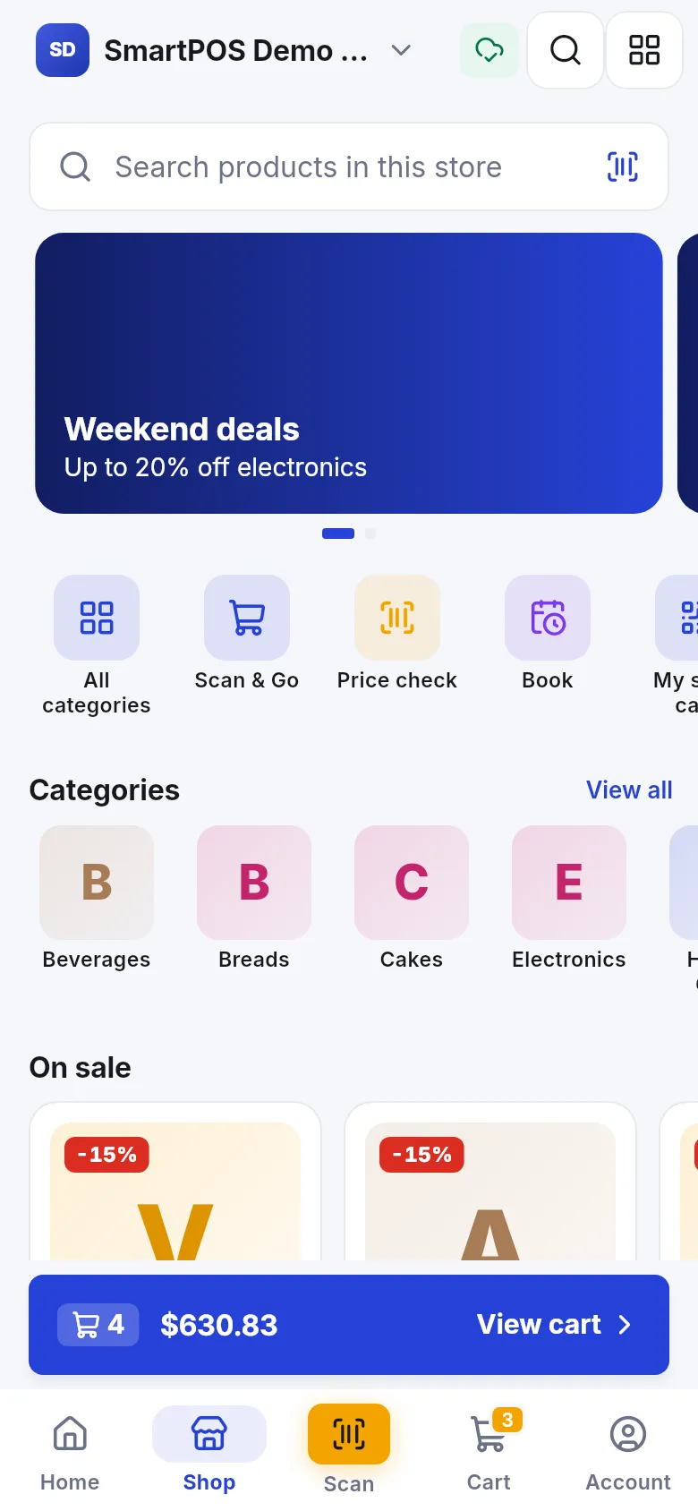 Shop tab with a banner, quick menu icons, categories and products on sale