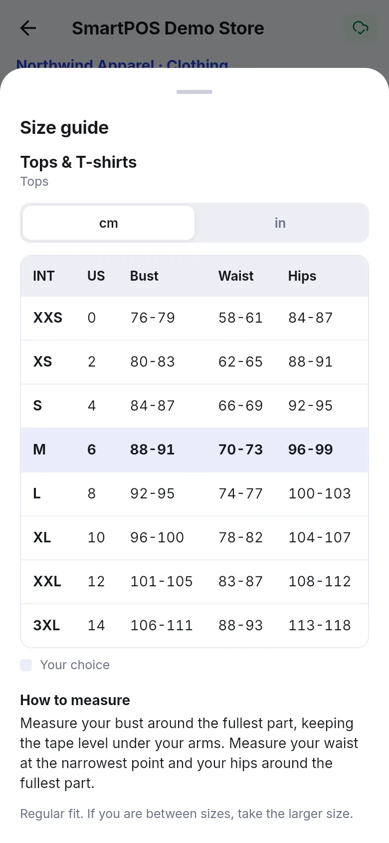 Size guide sheet with a table of sizes in centimeters and How to measure instructions