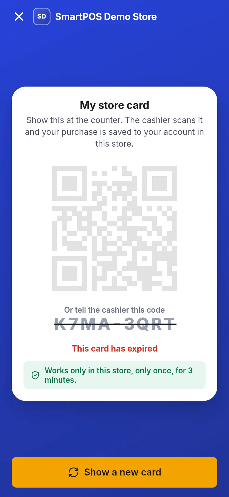 Expired store card with the code crossed out and a Show a new card button