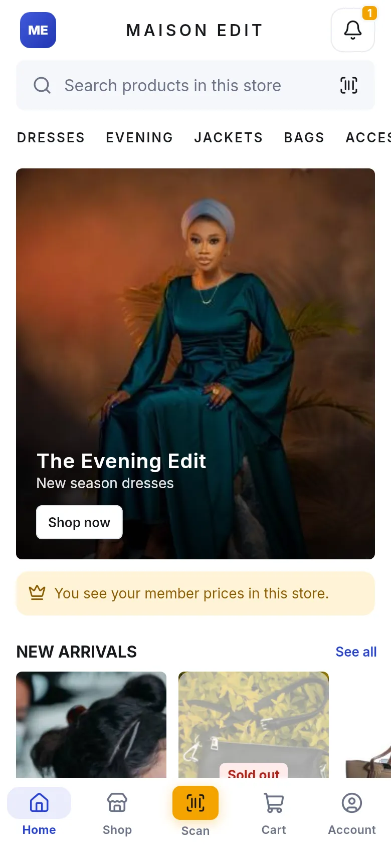Boutique store look with category words, a large fashion banner with Shop now and New arrivals