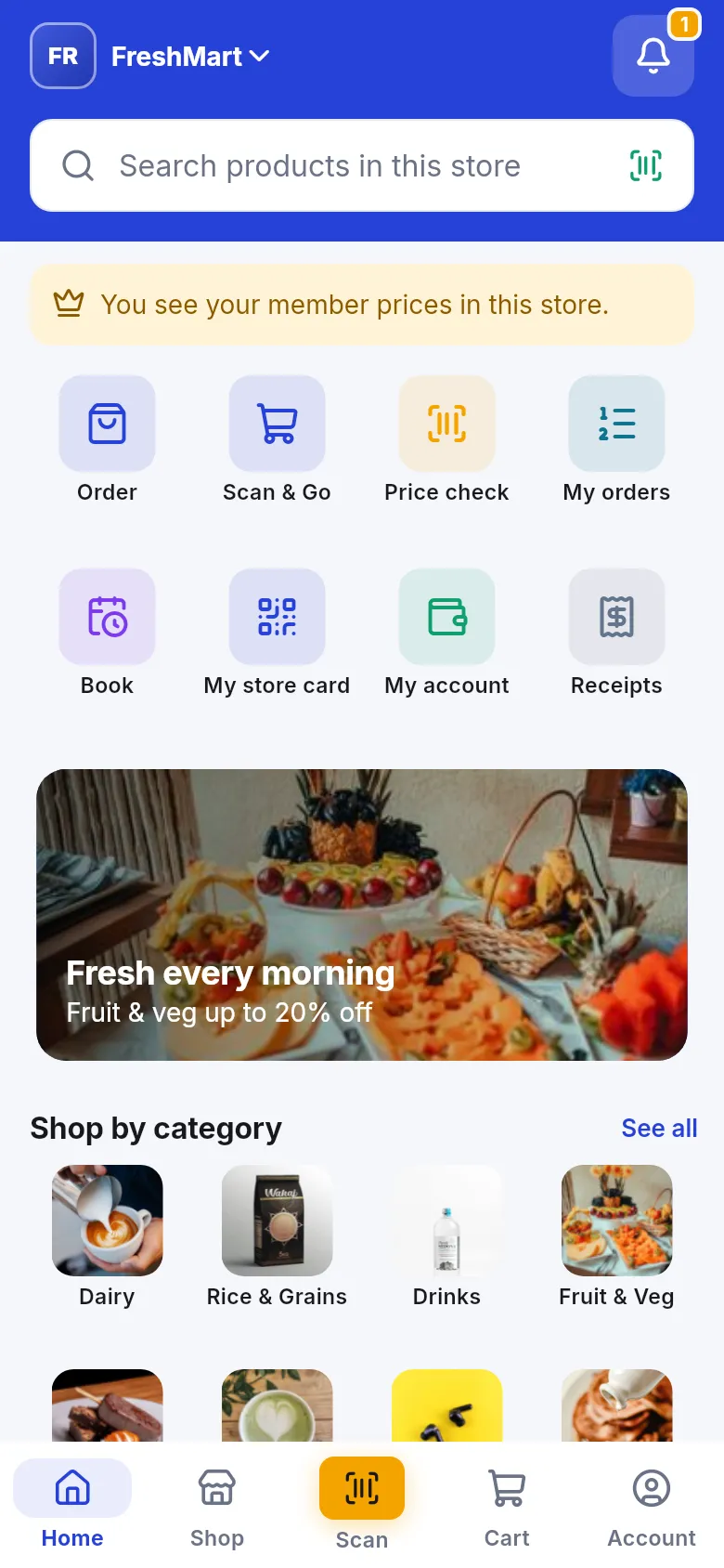 Market store look with an icon row, Fresh every morning banner and Shop by category photos