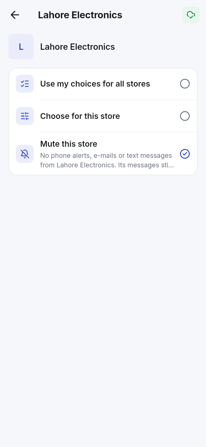Store notification screen with Mute this store selected