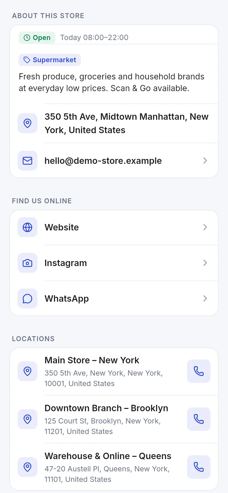 About this store section showing Open, today's hours, Supermarket category, description, address, e-mail and Find us online links for Website, Instagram and WhatsApp