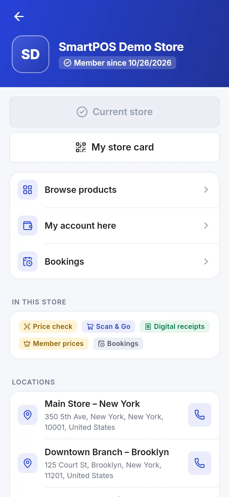 Store page header with member since date, Current store, My store card, Browse products, My account here, Bookings and In this store chips