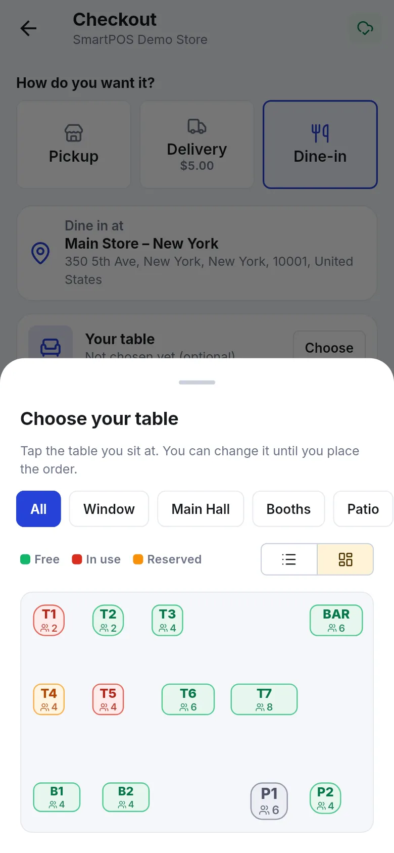 Choose your table sheet with a floor plan showing free, in use and reserved tables