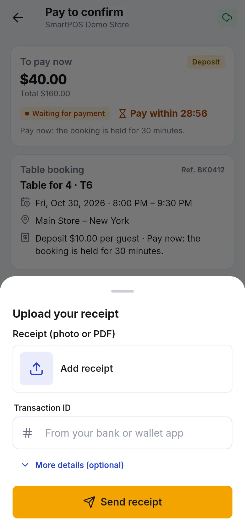 Upload your receipt sheet with an Add receipt button, a Transaction ID field, More details and Send receipt